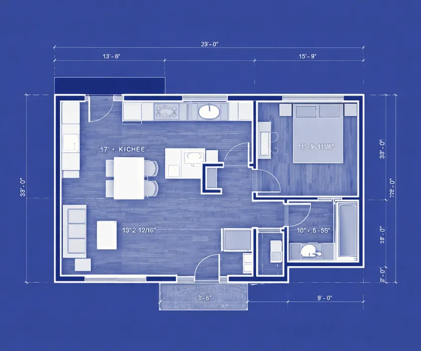 Accessory dwelling unit floor plan designed as a home office with workspace meeting room kitchen and bathroom