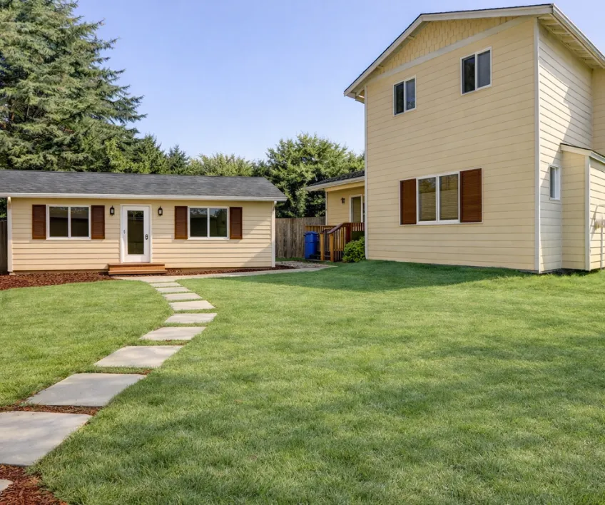 Detached backyard ADU located behind a residential house with green lawn and wooden deck