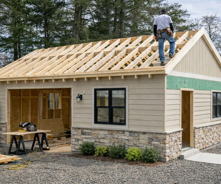 Detached ADU construction framing process in Dallas showing a backyard accessory dwelling unit being built